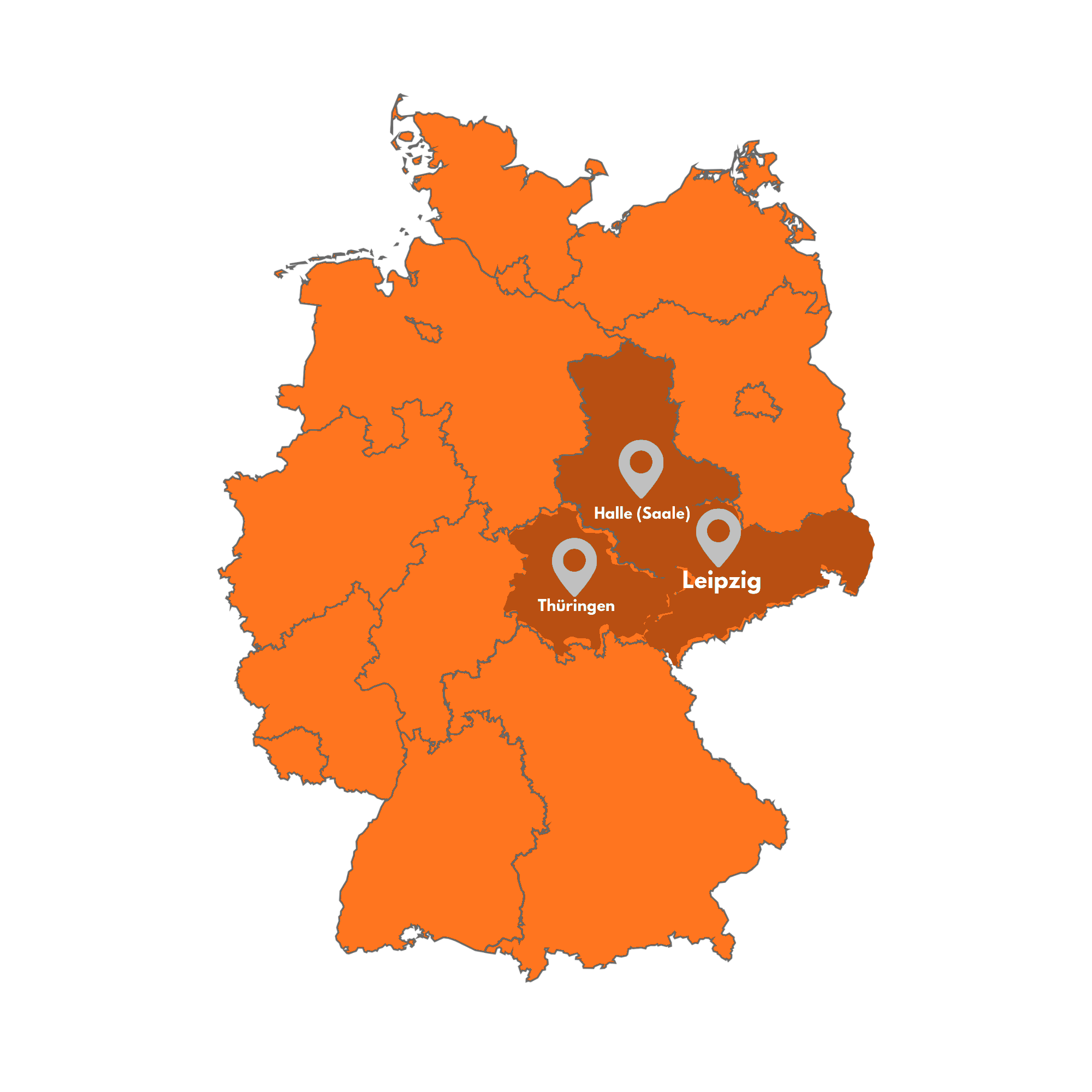 Karte mit den HMS SICHERHEITSDIENST Standorten Halle, Leipzig und Thüringen